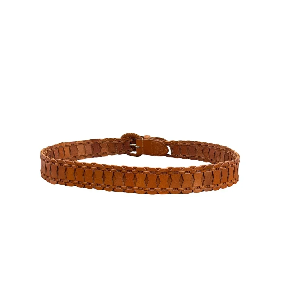 Fossil Leather Belt Womens SZ M Brown Western Boho Woven Covered Buckle Cottage